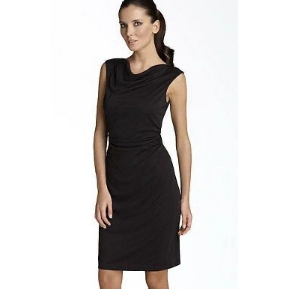 David Meister Size 6 Black Cowl Neck Knit Dress Lined Cinched Waist Bodycon